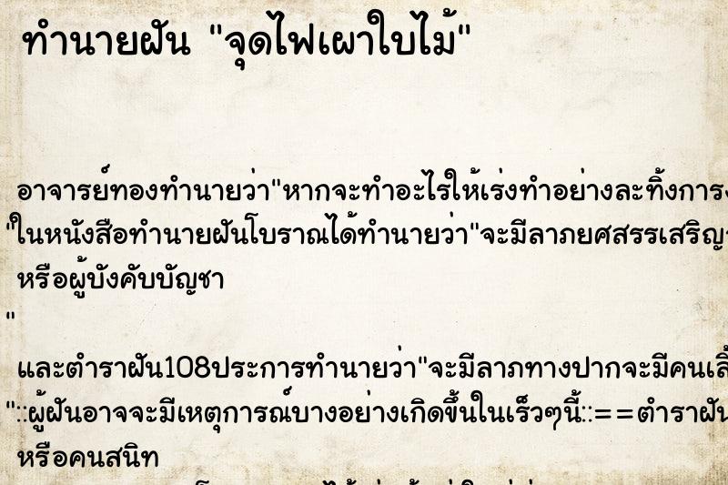 ทำนายฝัน จุดไฟเผาใบไม้ ตำราโบราณ แม่นที่สุดในโลก