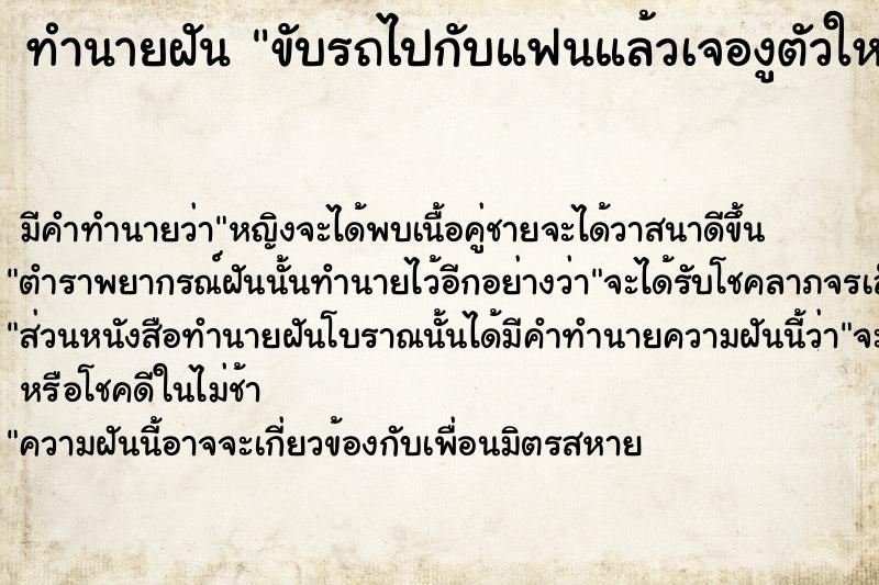 ทำนายฝันขับรถไปกับแฟนแล้วเจองูตัวใหญ่ ทำนายฝันทำนายฝันขับรถไปกับแฟนแล้วเจองูตัวใหญ่
