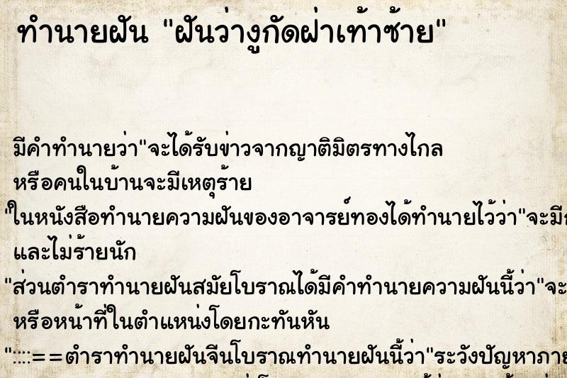 ทำนายฝัน ฝันว่างูกัดฝ่าเท้าซ้าย ทำนายฝัน ฝันว่างูกัดฝ่าเท้าซ้าย