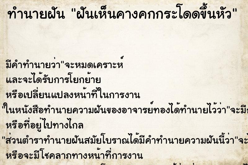 ทำนายฝันฝันเห็นคางคกกระโดดขึ้นหัว ทำนายฝันทำนายฝันฝันเห็นคางคกกระโดดขึ้นหัว