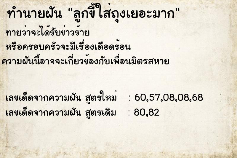 ทำนายฝัน ลูกขี้ใส่ถุงเยอะมาก ทำนายฝัน ลูกขี้ใส่ถุงเยอะมาก