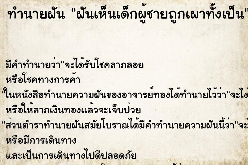 ทำนายฝันฝันเห็นเด็กผู้ชายถูกเผาทั้งเป็น ทำนายฝันทำนายฝันฝันเห็นเด็กผู้ชายถูกเผาทั้งเป็น