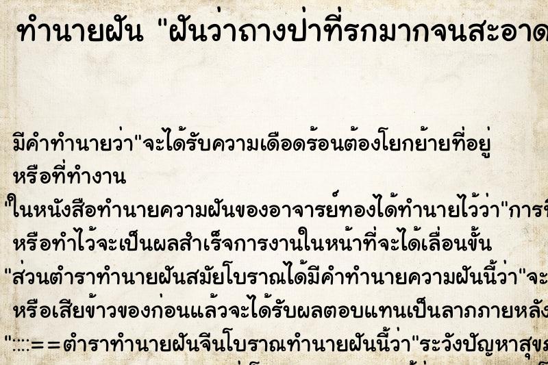 ทำนายฝัน ฝันว่าถางป่าที่รกมากจนสะอาด ทำนายฝัน ฝันว่าถางป่าที่รกมากจนสะอาด