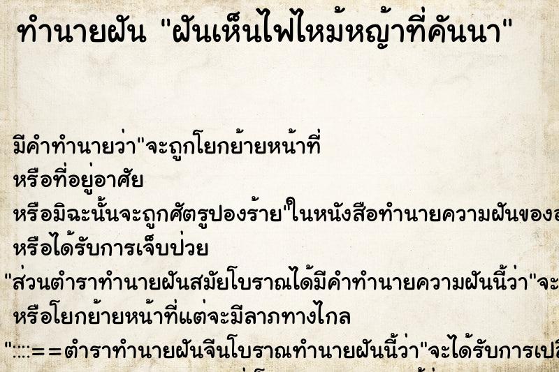 ทำนายฝันฝันเห็นไฟไหม้หญ้าที่คันนา ทำนายฝันทำนายฝันฝันเห็นไฟไหม้หญ้าที่คันนา