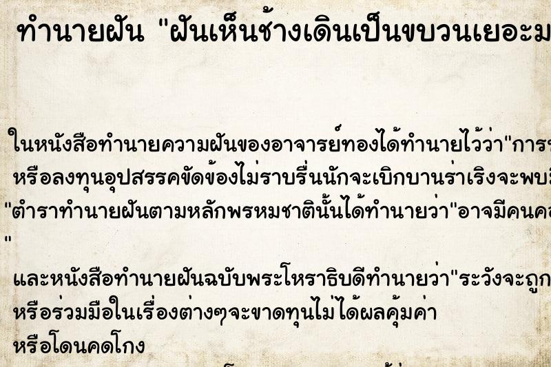 ทำนายฝัน ฝันเห็นช้างเดินเป็นขบวนเยอะมากๆ ทำนายฝัน ฝันเห็นช้างเดินเป็นขบวนเยอะมากๆ