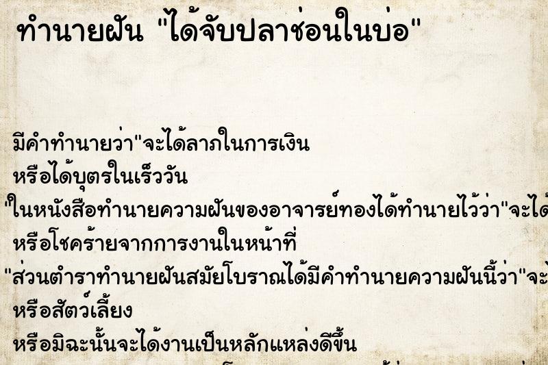 ทำนายฝันได้จับปลาช่อนในบ่อ ทำนายฝันทำนายฝันได้จับปลาช่อนในบ่อ