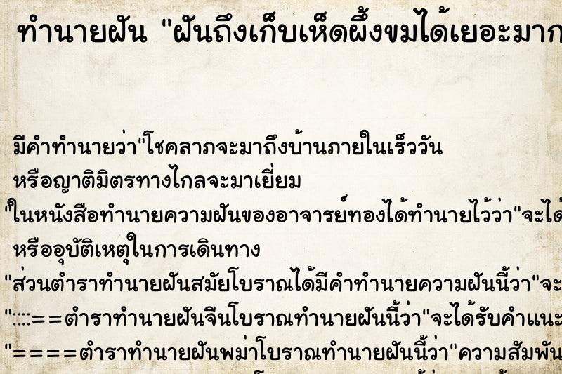 ทำนายฝันฝันถึงเก็บเห็ดผึ้งขมได้เยอะมาก ทำนายฝันทำนายฝันฝันถึงเก็บเห็ดผึ้งขมได้เยอะมาก