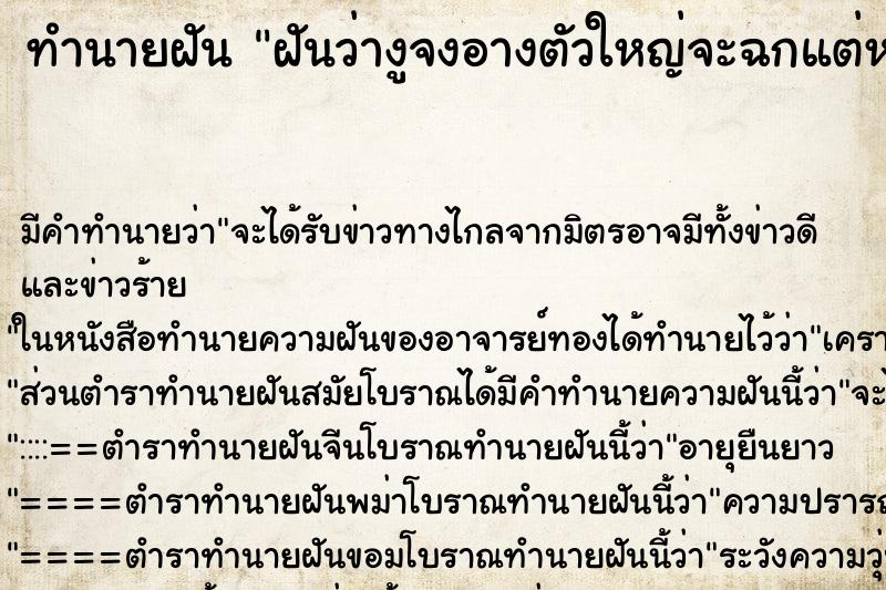 ทำนายฝันฝันว่างูจงอางตัวใหญ่จะฉกแต่หลบทันไม่โดนฉก ทำนายฝันทำนายฝันฝันว่างูจงอางตัวใหญ่จะฉกแต่หลบทันไม่โดนฉก