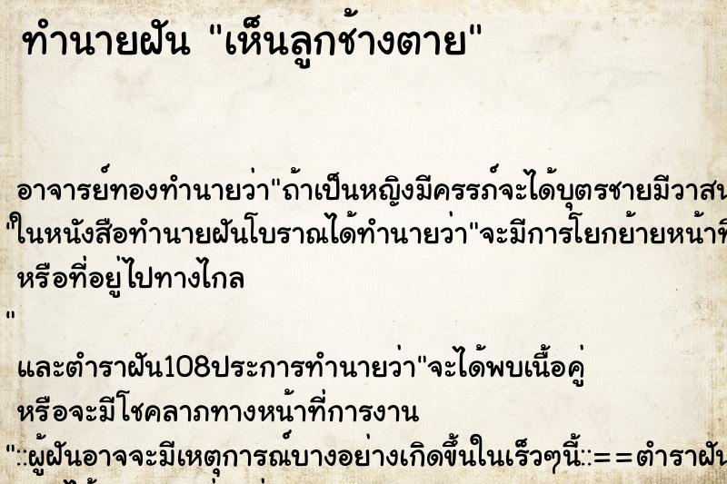 ทำนายฝันเห็นลูกช้างตาย ทำนายฝันทำนายฝันเห็นลูกช้างตาย