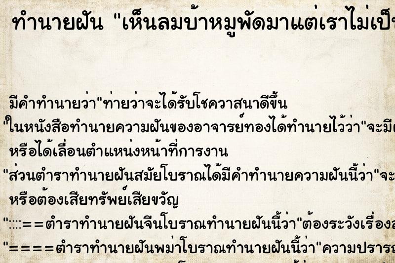 ทำนายฝัน เห็นลมบ้าหมูพัดมาแต่เราไม่เป็นไร ตำราโบราณ แม่นที่สุดในโลก