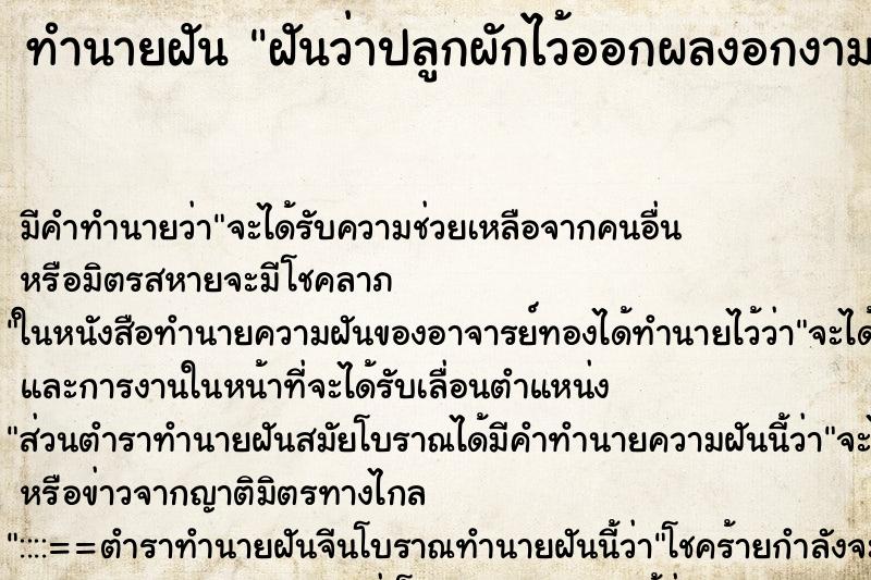 ทำนายฝัน ฝันว่าปลูกผักไว้ออกผลงอกงาม ทำนายฝัน ฝันว่าปลูกผักไว้ออกผลงอกงาม