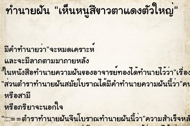 ทำนายฝัน เห็นหนูสีขาวตาแดงตัวใหญ่ ทำนายฝัน เห็นหนูสีขาวตาแดงตัวใหญ่