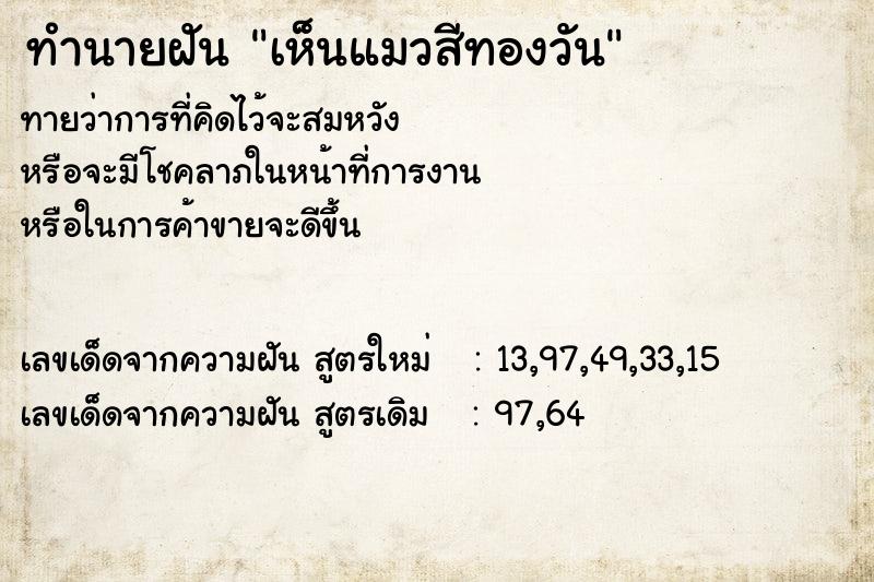 ทำนายฝันเห็นแมวสีทองวัน ทำนายฝันทำนายฝันเห็นแมวสีทองวัน