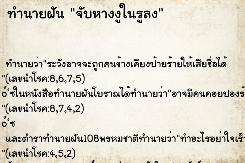 ทำนายฝันจับหางงูในรูลง ทำนายฝันทำนายฝันจับหางงูในรูลง