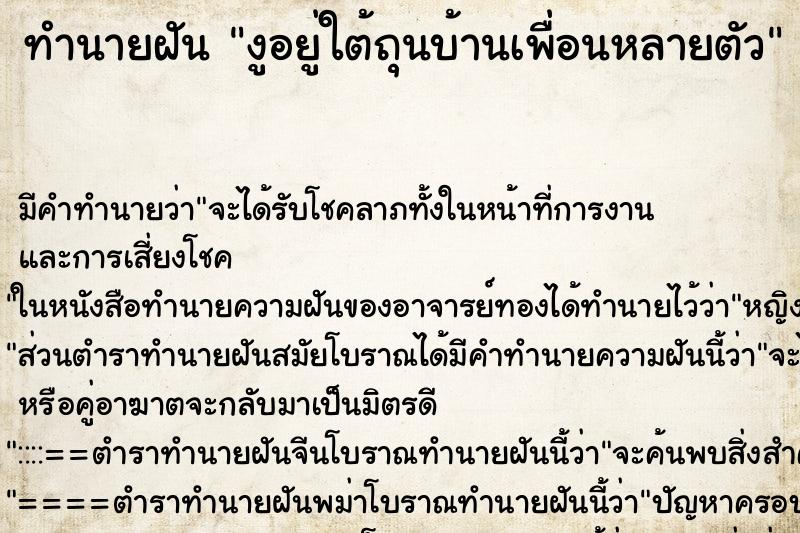 ทำนายฝันงูอยู่ใต้ถุนบ้านเพื่อนหลายตัว ทำนายฝันทำนายฝันงูอยู่ใต้ถุนบ้านเพื่อนหลายตัว