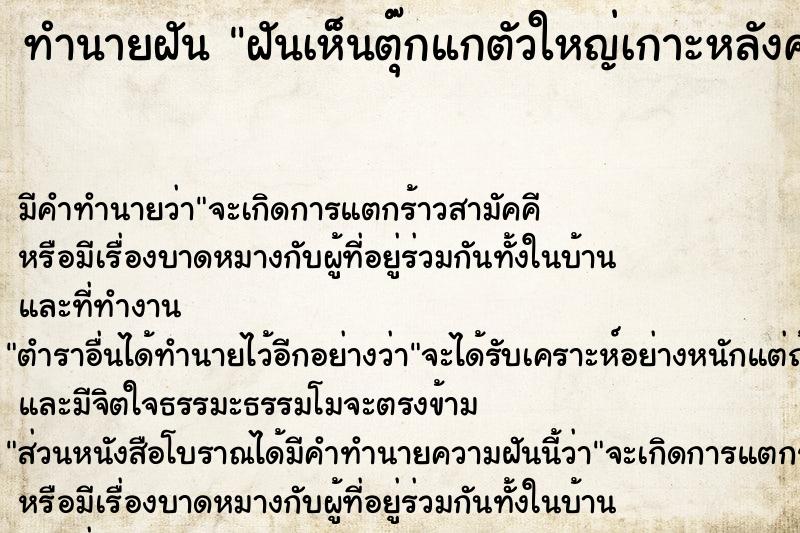 ทำนายฝันฝันเห็นตุ๊กแกตัวใหญ่เกาะหลังคาบ้าน ทำนายฝันทำนายฝันฝันเห็นตุ๊กแกตัวใหญ่เกาะหลังคาบ้าน