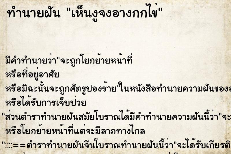 ทำนายฝันเห็นงูจงอางกกไข่ ทำนายฝันทำนายฝันเห็นงูจงอางกกไข่