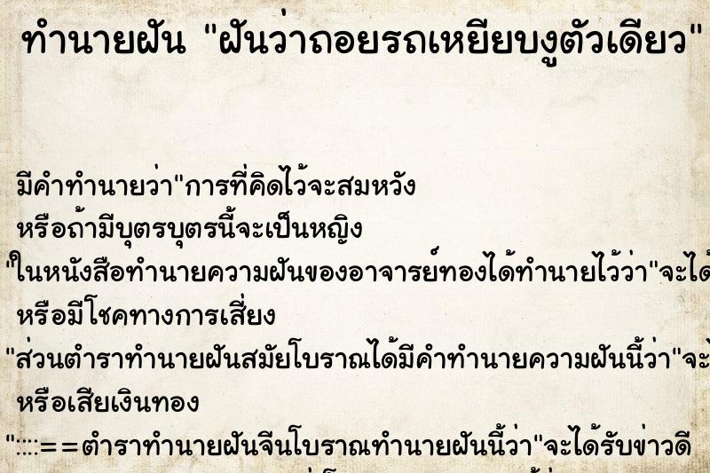 ทำนายฝันฝันว่าถอยรถเหยียบงูตัวเดียว ทำนายฝันทำนายฝันฝันว่าถอยรถเหยียบงูตัวเดียว