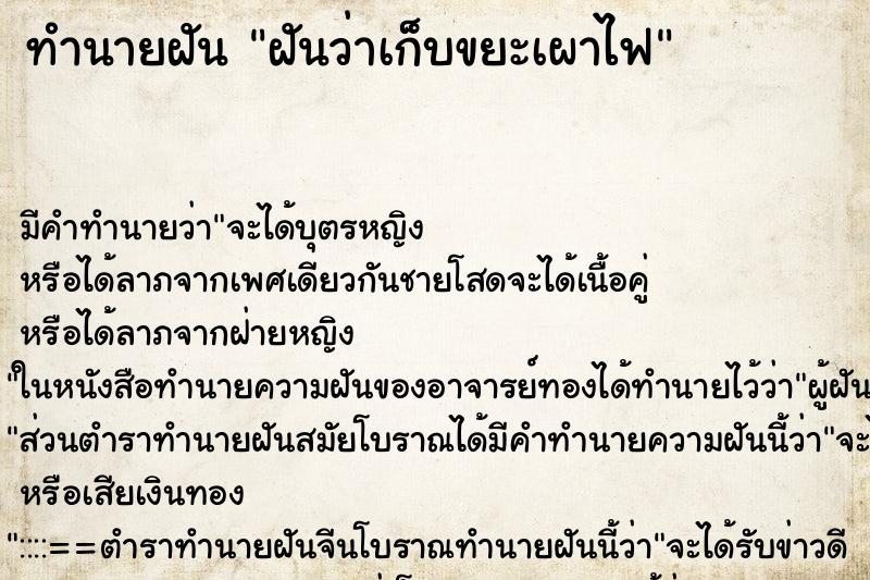 ทำนายฝัน ฝันว่าเก็บขยะเผาไฟ ตำราโบราณ แม่นที่สุดในโลก