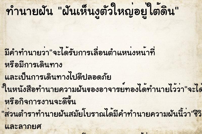 ทำนายฝัน ฝันเห็นงูตัวใหญ่อยู่ใต้ดิน ทำนายฝัน ฝันเห็นงูตัวใหญ่อยู่ใต้ดิน