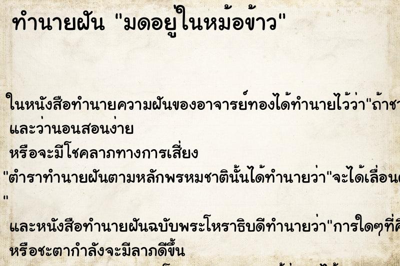 ทำนายฝัน มดอยู่ในหม้อข้าว ทำนายฝัน มดอยู่ในหม้อข้าว
