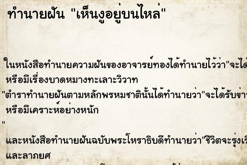 ทำนายฝันเห็นงูอยู่บนไหล่ ทำนายฝันทำนายฝันเห็นงูอยู่บนไหล่