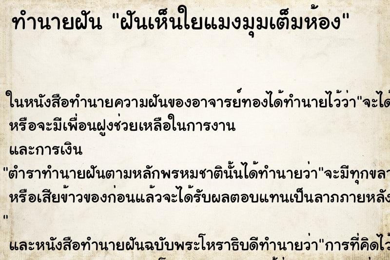 ทำนายฝันฝันเห็นใยแมงมุมเต็มห้อง ทำนายฝันทำนายฝันฝันเห็นใยแมงมุมเต็มห้อง