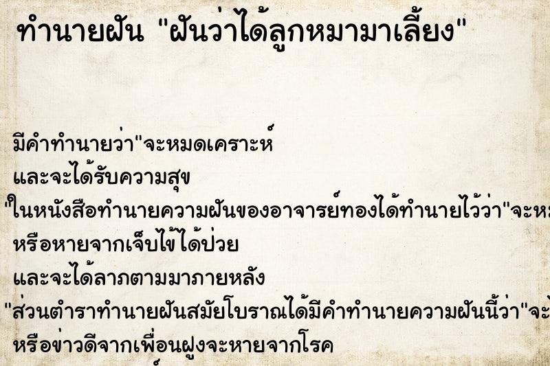 ทำนายฝัน ฝันว่าได้ลูกหมามาเลี้ยง ทำนายฝัน ฝันว่าได้ลูกหมามาเลี้ยง