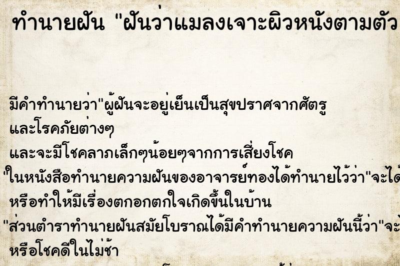 ทำนายฝัน ฝันว่าแมลงเจาะผิวหนังตามตัว ทำนายฝัน ฝันว่าแมลงเจาะผิวหนังตามตัว
