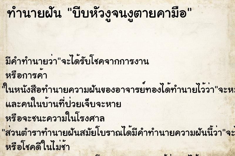 ทำนายฝัน บีบหัวงูจนงูตายคามือแม่นๆ ฟรี ด้วยตำราหนังสือทำนายฝันโบราณ ทำนายฝันบีบหัวงูจนงูตายคามือ