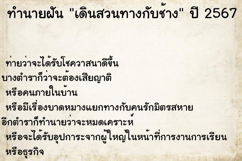 ทำนายฝันเดินสวนทางกับช้าง ทำนายฝันทำนายฝันเดินสวนทางกับช้าง