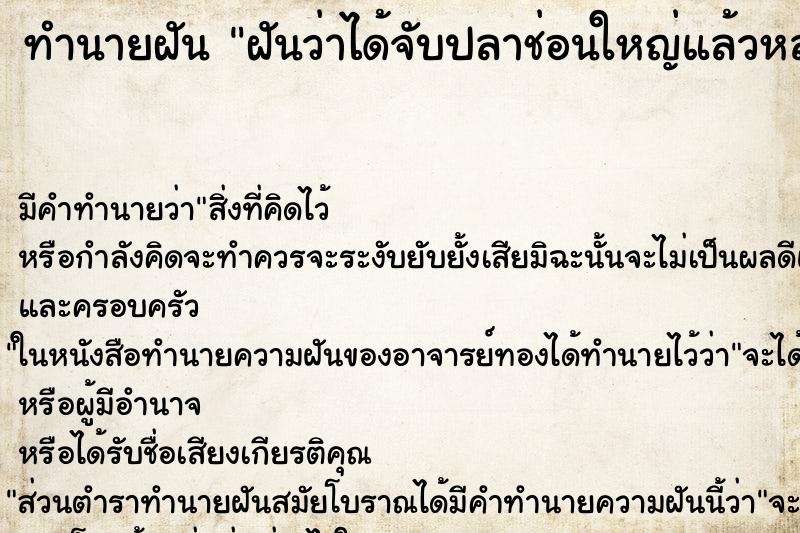 ทำนายฝันทำนายฝันฝันว่าได้จับปลาช่อนใหญ่แล้วหลุดมือ