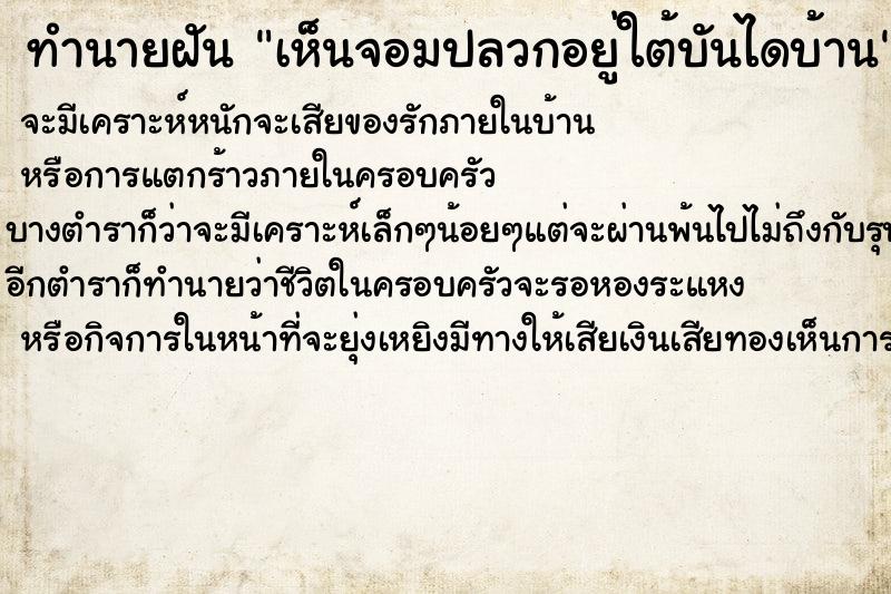 ทำนายฝันเห็นจอมปลวกอยู่ใต้บันไดบ้าน ทำนายฝันทำนายฝันเห็นจอมปลวกอยู่ใต้บันไดบ้าน