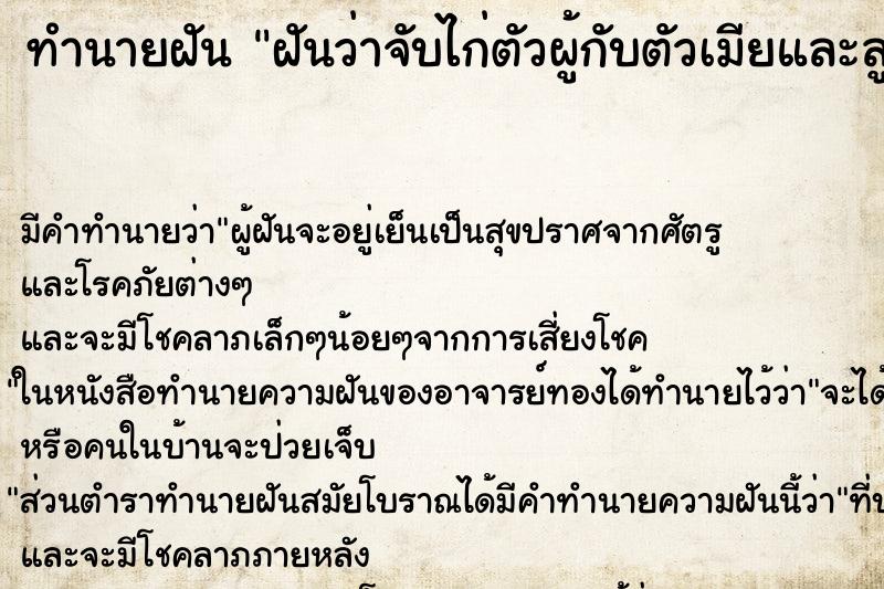 ทำนายฝันฝันว่าจับไก่ตัวผู้กับตัวเมียและลูกไก่ ทำนายฝันทำนายฝันฝันว่าจับไก่ตัวผู้กับตัวเมียและลูกไก่