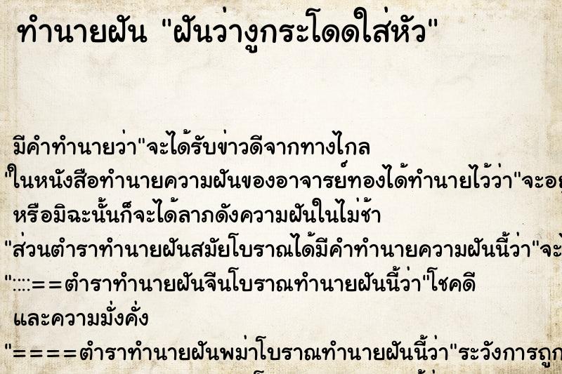 ทำนายฝัน ฝันว่างูกระโดดใส่หัว ทำนายฝัน ฝันว่างูกระโดดใส่หัว