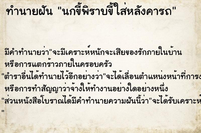 ทำนายฝัน นกขี้พิราบขี้ใส่หลังคารถ ทำนายฝัน นกขี้พิราบขี้ใส่หลังคารถ