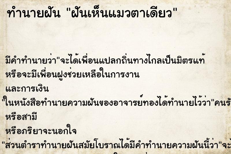 ทำนายฝัน ฝันเห็นแมวตาเดียว ทำนายฝัน ฝันเห็นแมวตาเดียว