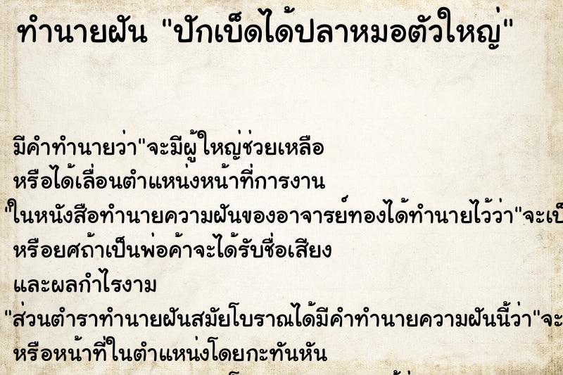 ทำนายฝัน ปักเบ็ดได้ปลาหมอตัวใหญ่ ทำนายฝัน ปักเบ็ดได้ปลาหมอตัวใหญ่