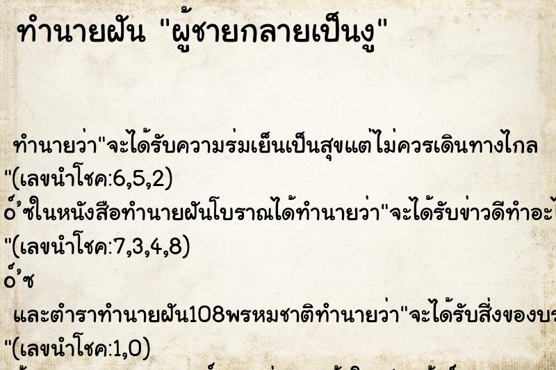 ทำนายฝัน ผู้ชายกลายเป็นงู ทำนายฝัน ผู้ชายกลายเป็นงู