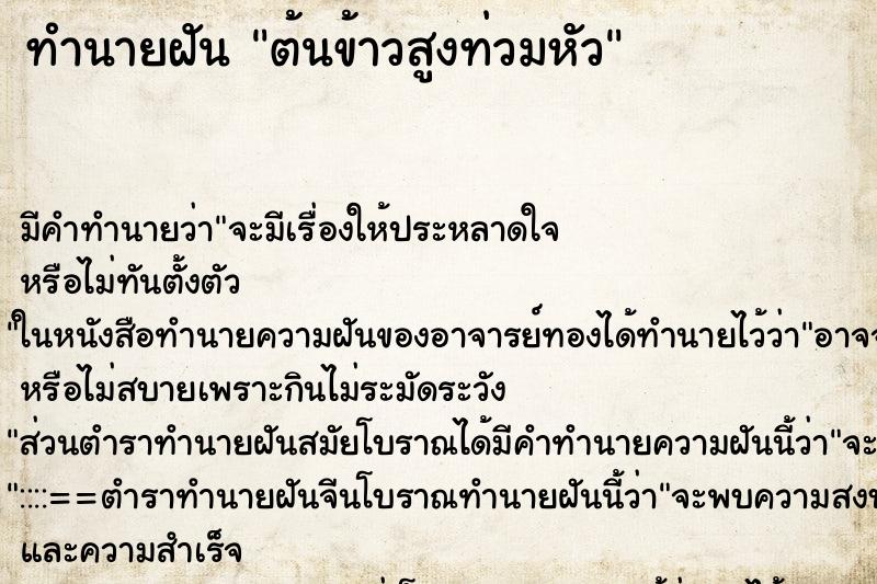 ทำนายฝัน ต้นข้าวสูงท่วมหัว ทำนายฝัน ต้นข้าวสูงท่วมหัว
