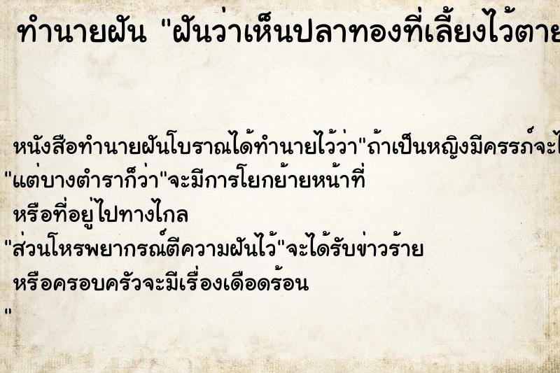 ทำนายฝันฝันว่าเห็นปลาทองที่เลี้ยงไว้ตาย ทำนายฝันทำนายฝันฝันว่าเห็นปลาทองที่เลี้ยงไว้ตาย