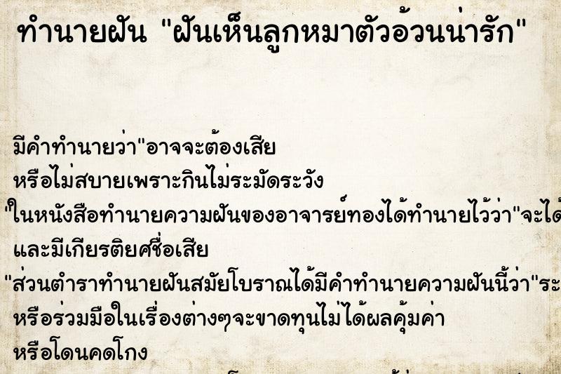 ทำนายฝัน ฝันเห็นลูกหมาตัวอ้วนน่ารัก ทำนายฝัน ฝันเห็นลูกหมาตัวอ้วนน่ารัก