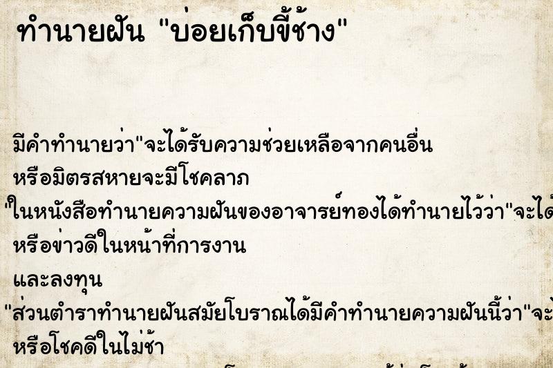 ทำนายฝันบ่อยเก็บขี้ช้าง ทำนายฝันทำนายฝันบ่อยเก็บขี้ช้าง