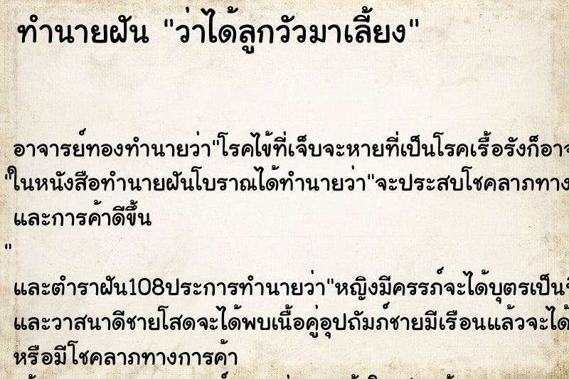 ทำนายฝันว่าได้ลูกวัวมาเลี้ยง ทำนายฝันทำนายฝันว่าได้ลูกวัวมาเลี้ยง