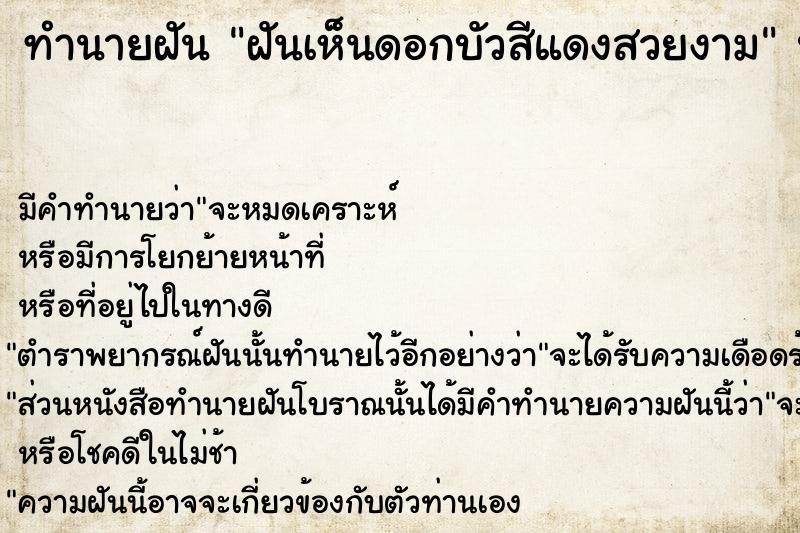ทำนายฝันฝันเห็นดอกบัวสีแดงสวยงาม ทำนายฝันทำนายฝันฝันเห็นดอกบัวสีแดงสวยงาม