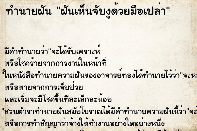 ทำนายฝันฝันเห็นจับงูด้วยมือเปล่า ทำนายฝันทำนายฝันฝันเห็นจับงูด้วยมือเปล่า