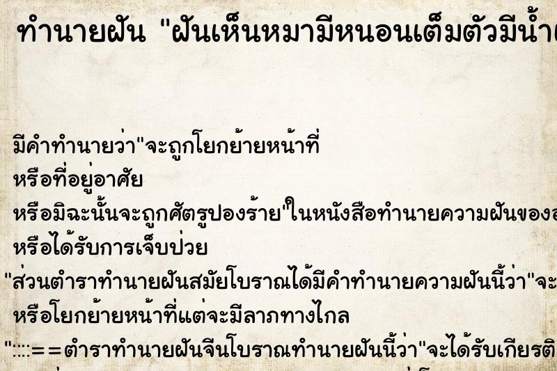 ทำนายฝัน ฝันเห็นหมามีหนอนเต็มตัวมีน้ำเหลือง ทำนายฝัน ฝันเห็นหมามีหนอนเต็มตัวมีน้ำเหลือง