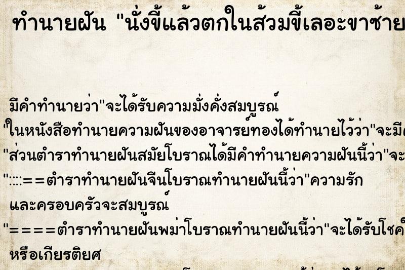ทำนายฝันนั่งขี้แล้วตกในส้วมขี้เลอะขาซ้าย ทำนายฝันทำนายฝันนั่งขี้แล้วตกในส้วมขี้เลอะขาซ้าย