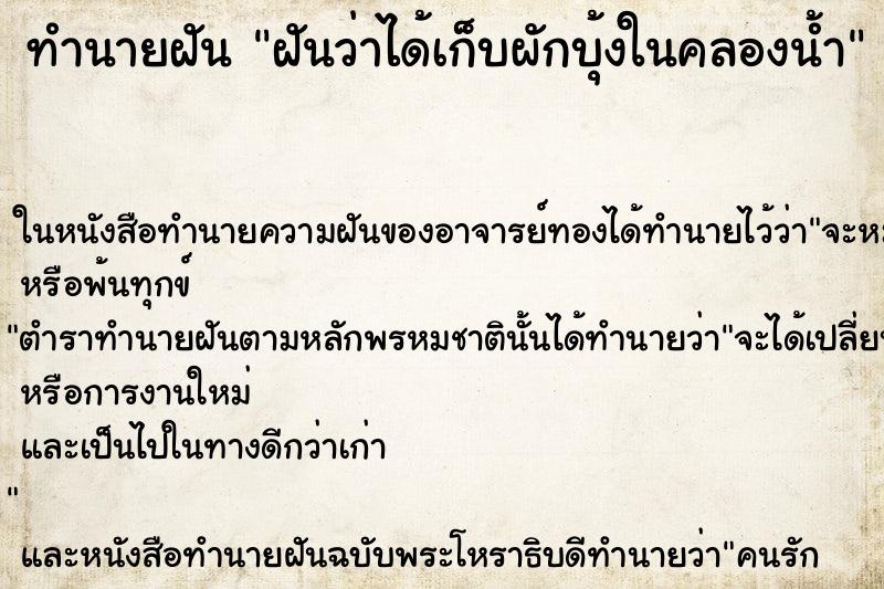 ทำนายฝัน ฝันว่าได้เก็บผักบุ้งในคลองน้ำ ตำราโบราณ แม่นที่สุดในโลก