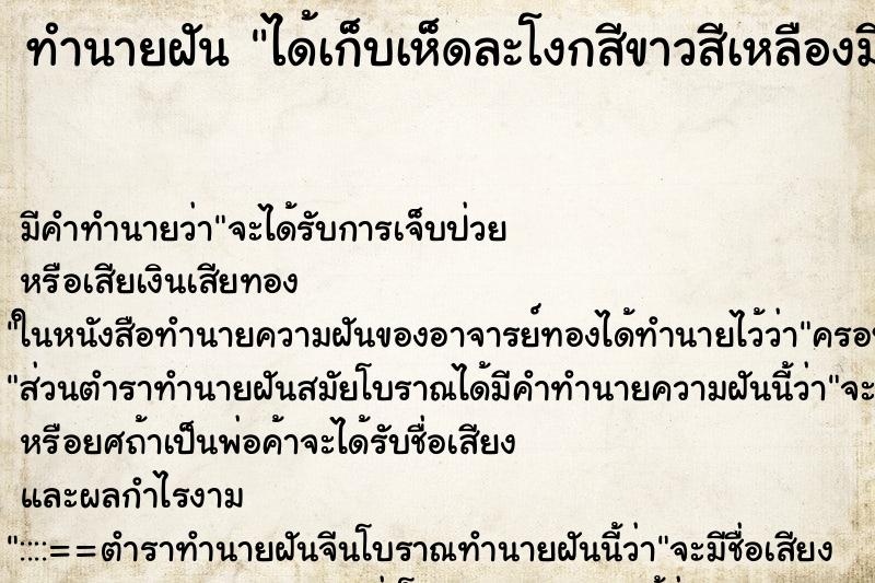 ทำนายฝัน ได้เก็บเห็ดละโงกสีขาวสีเหลืองมีแต่ดอกตูม ตำราโบราณ แม่นที่สุดในโลก